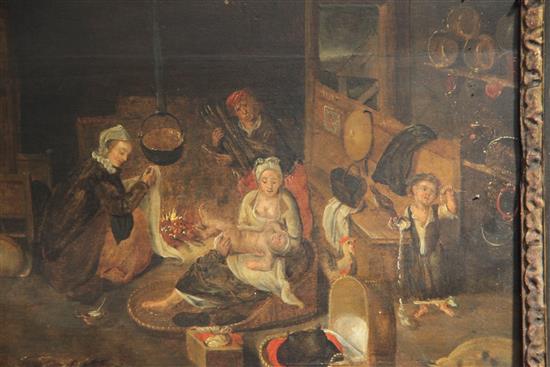 After Teniers Domestic interior with figures around a table and a nursing mother, 14 x 24.5in.